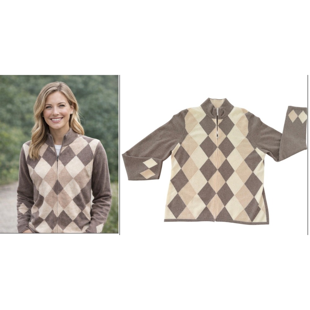 Charter Club Argyle Zip Up Cardigan Sweater Women's Size L 100% Cashmere